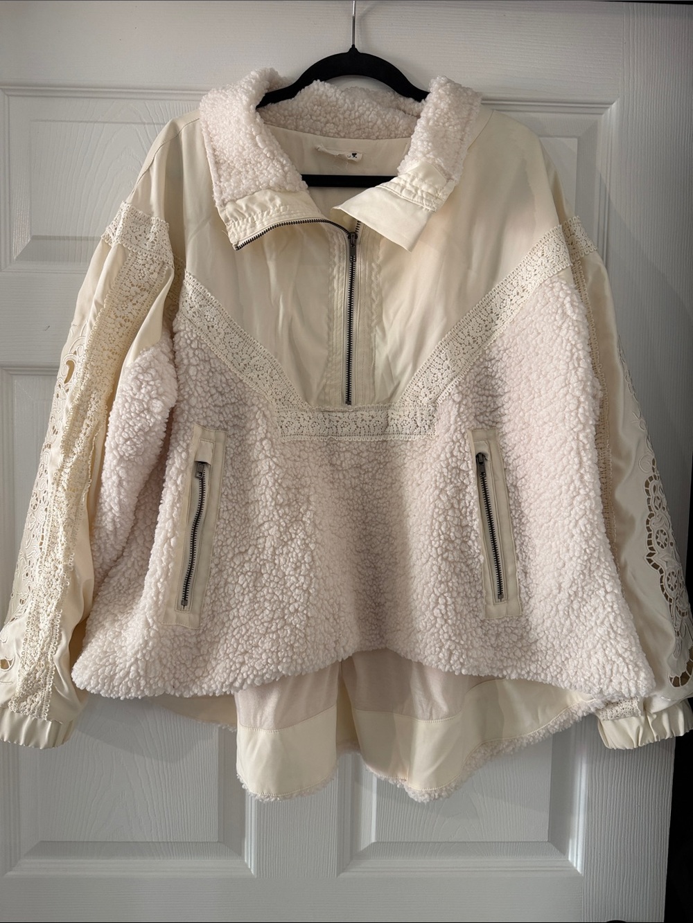 Cozy Cream Teddy Pullover Jacket with Lace Paneling